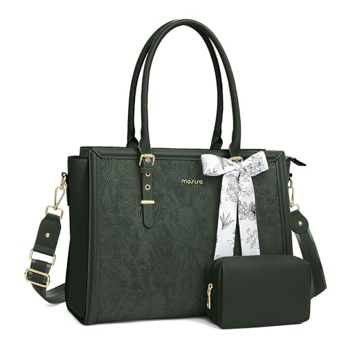 MOSISO Laptop Tasche für Frauen,17,3 Zoll PU Leder Tote Bag Kompatibel mit MacBook,HP,Dell,Asus Notebook, Geprägter Retro Hibiskus Computertasche mit Seidenschal&Clutch Geldbörse,Smaragdgrün von MOSISO