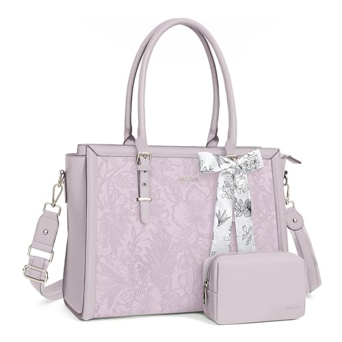MOSISO Laptop Tasche für Frauen,17,3 Zoll PU Leder Tote Bag Kompatibel mit MacBook,HP,Dell,Asus Notebook, Geprägter Retro Hibiskus Computertasche mit Seidenschal&Clutch Geldbörse,Staubiges Flieder von MOSISO