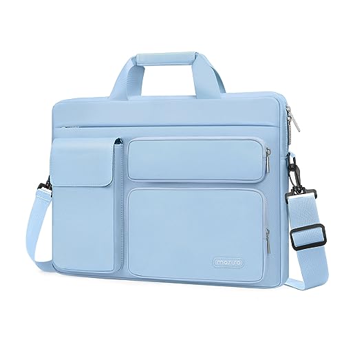 MOSISO Laptop Umhängetasche Kompatibel mit MacBook Air/Pro,13-13,3 Zoll Notebook,Kompatibel mit MacBook Pro 14 Zoll M4 M3 M2 M1 mit 2 Erhöhten&1 Klappe&1 Horizontal Fach&Griff&Gürtel,Luft Blau von MOSISO