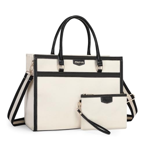 MOSISO Laptoptasche für Frauen Canvas Tote Bags, 15,6 Zoll Große Kapazität Messenger Schultern Computer Tasche Lässig Handtasche Arbeit Aktentasche für Büro Reisen mit Geldbörse&Trolley Gürtel, Beige von MOSISO