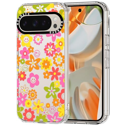 MOSNOVO Hülle für Google Pixel 9 Pro XL – Durchsichtige, schlanke, stoßfeste TPU+PC-Handyhülle, [6,6 Fuß Fallschutz/Anti-Abziehen] - 70er Jahre Groovy-Blume von MOSNOVO