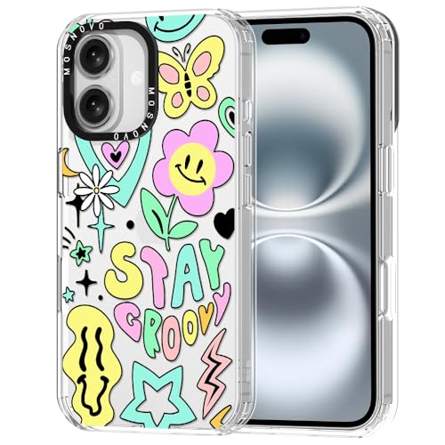 MOSNOVO Hülle für iPhone 16 – Durchsichtige, schlanke, stoßfeste TPU+PC-Handyhülle, [6,6 Fuß Fallschutz/Anti-Abziehen] - Bleib Groovy von MOSNOVO