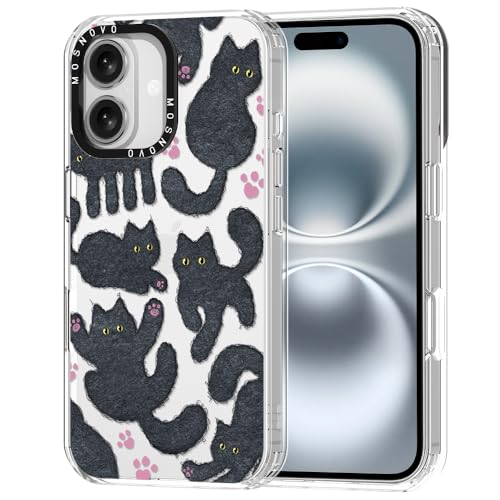 MOSNOVO Hülle für iPhone 16 Plus – Durchsichtige, schlanke, stoßfeste TPU+PC-Handyhülle, [6,6 Fuß Fallschutz/Anti-Abziehen] - Schwarze pelzige Katze von MOSNOVO