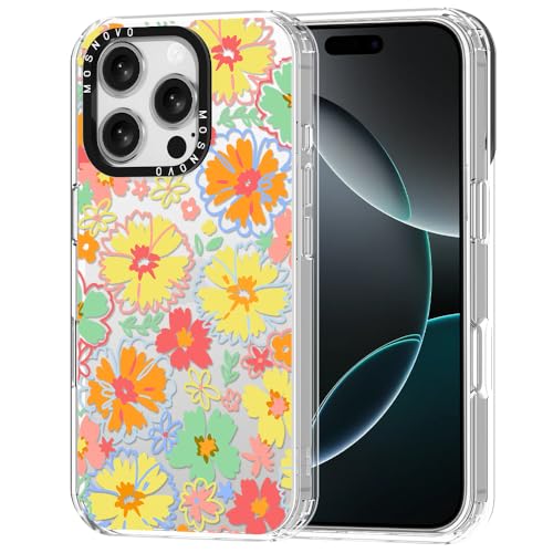 MOSNOVO Hülle für iPhone 16 Pro – Durchsichtige, schlanke, stoßfeste TPU+PC-Handyhülle, [6,6 Fuß Fallschutz/Anti-Abziehen] - Retro-Boho-Hippie-Blumen von MOSNOVO