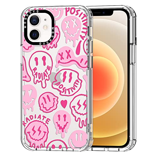 MOSNOVO für iPhone 12 Mini Hülle, [Buffertech 6,6 ft Drop Impact] [Anti Peel Off] Klare, stoßfeste TPU-Schutzhülle mit rosa tropfendem Smiley-Gesichtsdesign für iPhone 12 Mini von MOSNOVO