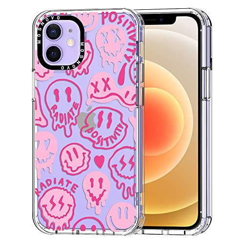 MOSNOVO für iPhone 12 & iPhone 12 Pro Hülle, [Buffertech 6,6 ft Drop Impact] [Anti Peel Off] Klare, stoßfeste TPU-Schutzhülle mit rosa tropfendem Smiley-Gesichtsdesign von MOSNOVO