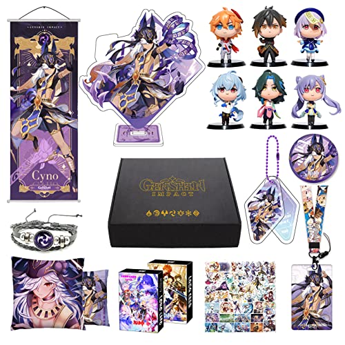 Genshin Impact Merch Box Geschenk Set - 6 Figuren, Poster, Stand Figur, Kissenbezug, Armband, Abzeichen, Schlüsselanhänger, Ausweishülle, Schlüsselband, 30 Lomo Karten, 50 Aufkleber (Cyno) von MOTAO