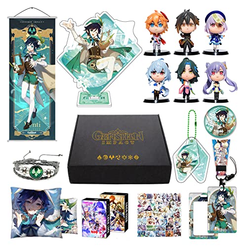 Genshin Impact Merch Box Geschenk Set - 6 Figuren, Poster, Stand Figur, Kissenbezug, Armband, Abzeichen, Schlüsselanhänger, Ausweishülle, Schlüsselband, 30 Lomo Karten, 50 Aufkleber (Venti) von MOTAO