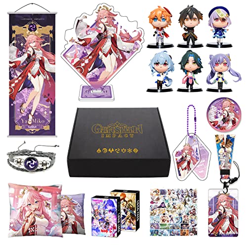 Genshin Impact Merch Box Geschenk Set - 6 Figuren, Poster, Stand Figur, Kissenbezug, Armband, Abzeichen, Schlüsselanhänger, Ausweishülle, Schlüsselband, 30 Lomo Karten, 50 Aufkleber (Yae Miko) von MOTAO