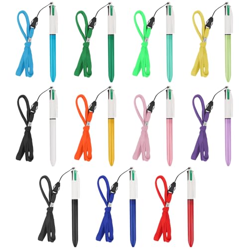 MOTIBACK 11 Stück 4 Farben Kugelschreiber, 4 In 1 Mehrfarbiger Kugelschreiber mit Seil 1,0 mm für Büro-Schulbedarf, Schüler, Kinder, Geschenk (Mehrfarbig) von MOTIBACK