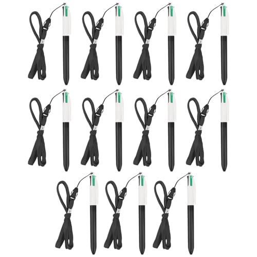 MOTIBACK 11 Stück 4 Farben Kugelschreiber, 4 In 1 Mehrfarbiger Kugelschreiber mit Seil 1,0 mm für Büro-Schulbedarf, Schüler, Kinder, Geschenk (Schwarz) von MOTIBACK