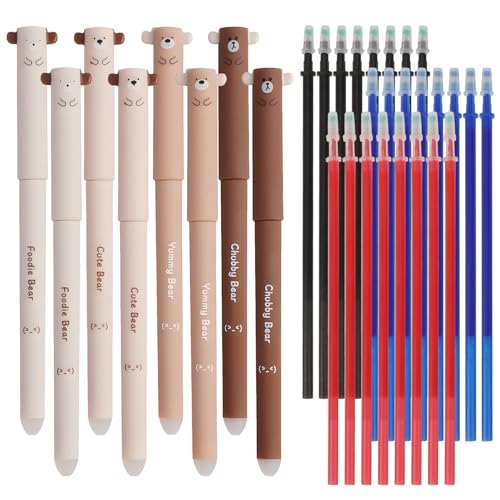 MOTIBACK Süße Bären-Stifte - 8 braune Stifte mit Bärenkopf + 24 bunte Minen (Rot/Blau/Schwarz), 0.5 mm für Schulkinder von MOTIBACK