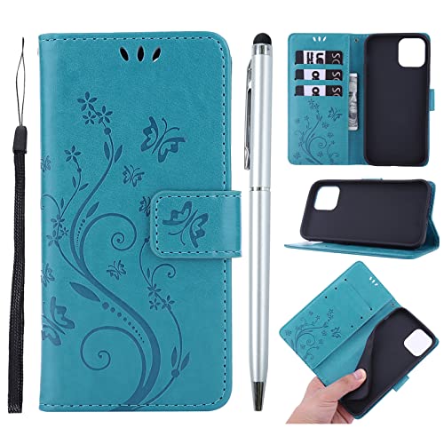 Handyhülle für iPhone 13 Mini, Premium PU Leder Flip Prägung Schmetterling Hülle Stoßfest Slim Schutzhülle Bumper Wallet Case für iPhone 13 mini mit Kickstand Kartenhalter Lanyard & One Touch Pen von MOTIKO