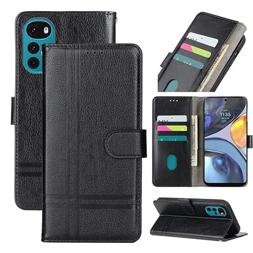 MOTIKO Für Motorola Moto G22 Hülle | Vintage PU Leder Wallet Case | Flip Phone Cover mit Kartenhalter TPU Innenständer Case | Schwarz von MOTIKO