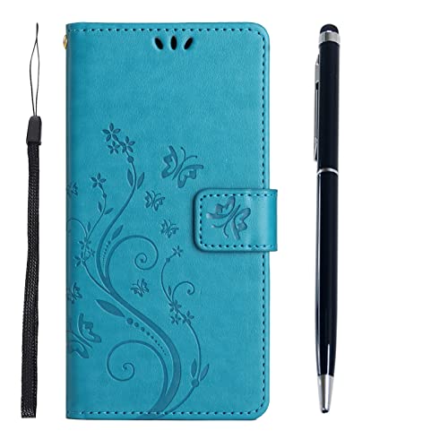 MOTIKO Handyhülle für Samsung Galaxy A54 5G, Premium PU Leder Geprägte Schmetterling Flip Case Stoßfest Slim Schutzhülle Bumper Wallet Case mit Ständer Kartenhalter Lanyard & One Touch Pen - Blau von MOTIKO