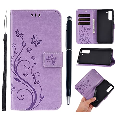 MOTIKO Hülle für Samsung Galaxy S21 FE 5G Blumen Schmetterling PU Leder Case Tasche Handyhülle Flip Cover Schutzhülle Lederhülle Ständer Schale Handtasche Bumper Magnetverschluss Klappbar Ledertasche von MOTIKO