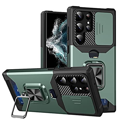 MOTIKO Passend für Samsung Galaxy S23 Ultra 5G Hülle mit Schiebekamera-Abdeckung und Ringständer, harte PC-Rückseite und weicher TPU-Rahmen, stoßfeste Handyhülle in Militärqualität, Dunkelgrün von MOTIKO