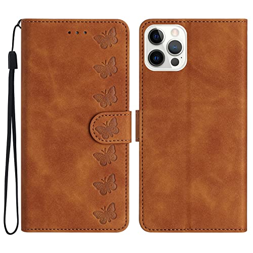 MOTIKO Schmetterling Wallet Case passend für iPhone 13 Pro Hülle | Premium Flip Handyhülle Stoßfest PU Leder geprägte Magnethülle mit Ständer Kartenhalter | Braun von MOTIKO