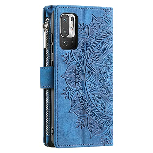 MOTIKO Schutzhülle für Redmi Note 10 5G | geprägtes Mandala-Leder, Magnetverschluss, Reißverschlussfach, Klappetui, Ständer, Kartenhalter, Fächer mit Handgelenkschlaufe, Blau von MOTIKO