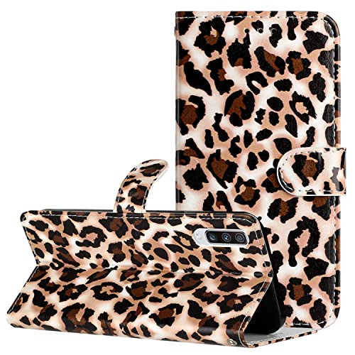 MOTIKO Schutzhülle für Samsung Galaxy A50 mit Kartenhalter | Bunte bemalte Klapphülle aus Leder [mit Handschlaufe] [magnetisch] stoßfeste Schutzhülle | Leopard von MOTIKO