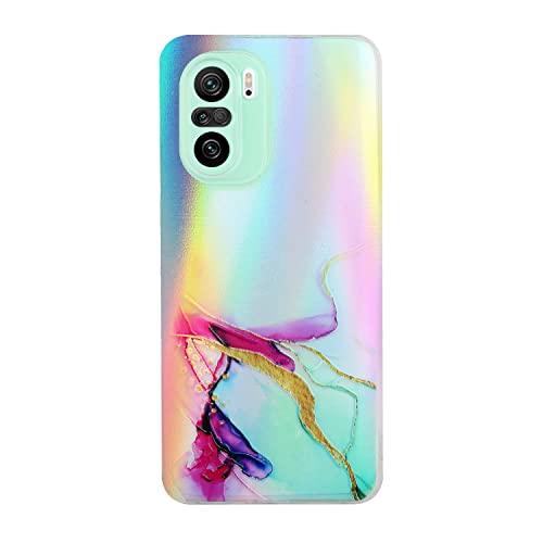 Passend für Redmi K40 | K40 Pro | Poco F3 TPU Hülle für Frauen, Aquarell Marmor Laser Papier Design Ultra Dünn Glänzend Weich Silikon Gummi Stoßfeste Linse Kamera Handyhülle - Grün von MOTIKO