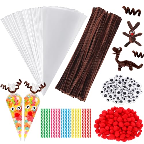 MOTONG 100 Stück Pfeifenputzer zum Basteln Braun, 100 Pcs Spitztüten Transparent, 150 pcs Wackelaugen Selbstklebend Pompons Rot, Kleine Weihnachtsgeschenke Rentier for Candy Biscuit von MOTONG