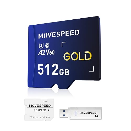 MOVE SPEED 512GB Micro SD Karte - Speicherkarte Micro SD Haben Ultimative Leistung für 4K-Full-HD-Video, A2 U3 V60 SD Card bis zu 170 MB/s Lesegeschwindigkeit, inkl. Kartenleser und Adapter von MOVE SPEED