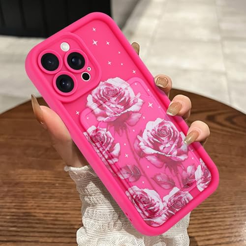 MOWIME Kompatibel mit iPhone 13 Pro Max Hülle mit Kartenhalter, Rose Floral Stoßfest Weich TPU Schutzhülle Frauen Mädchen Anti-Kratzer Wallet Case für iPhone 13 Pro Max 6,7 Zoll, Hot Pink von MOWIME