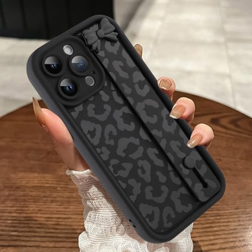 MOWIME Kompatibel mit iPhone 14 Pro Max Hülle mit Band, Upgraded Bow Wrist Strap Gepardendruck Stoßfest Weich TPU Schutzhülle Slim Leopard Hülle für iPhone 14 Pro Max 6,7 Zoll, Schwarz von MOWIME
