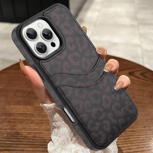 MOWIME Kompatibel mit iPhone 16 Pro Max Wallet Case mit Kartenhalter (2 Karten), Gepardendruck Stoßfeste Weiche TPU Schutzhülle Frauen Mädchen, Leopard Hülle für iPhone 16 Pro Max 6,9 Zoll, Schwarz von MOWIME