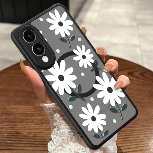 MOWIME Magnetisch für Samsung Galaxy S25 Edge Hülle, [Kompatibel mit MagSafe] Niedliches Gänseblümchenmuster Frauen Mädchen Stoßfest Durchscheinend Matt Schutzhülle für Galaxy S25 Edge von MOWIME