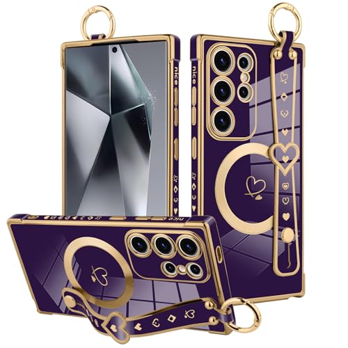 MOWIME Magnetische Schutzhülle für Samsung Galaxy S24 Ultra, mit Handschlaufe, für Frauen und Mädchen, niedliches Liebesherz-Muster, Bling Plating Verstellbares Armband Kickstand Stoßfeste Schutzhülle MOWIME Magnetische Schutzhülle für Samsung Galaxy S24 Ultra, mit Handschlaufe, für Frauen und Mädchen, niedliches Liebesherz-Muster, Bling Plating Verstellbares Armband Kickstand Stoßfeste Schutzhülle von MOWIME