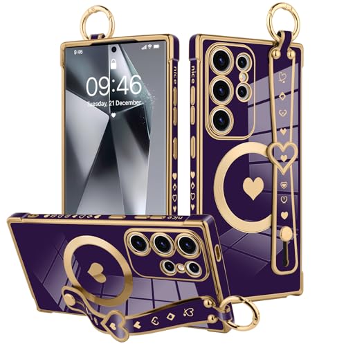 MOWIME Magnetische Schutzhülle für Samsung Galaxy S24 Ultra mit Handschlaufe, süßes Herzmuster-Design für Frauen und Mädchen, weiche Beschichtung, kratzfest, Schutzhülle mit Halterung, Dunkelviolett MOWIME Magnetische Schutzhülle für Samsung Galaxy S24 Ultra mit Handschlaufe, süßes Herzmuster-Design für Frauen und Mädchen, weiche Beschichtung, kratzfest, Schutzhülle mit Halterung, Dunkelviolett von MOWIME