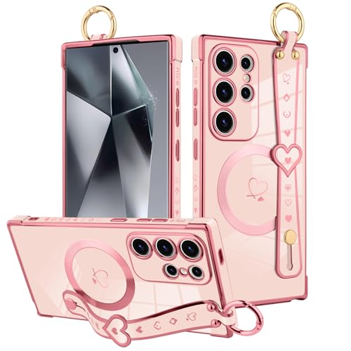 MOWIME Magnetische Schutzhülle für Samsung Galaxy S24 Ultra mit Handschlaufe für Frauen und Mädchen, niedliches Liebesherz-Muster, Bling Plating Verstellbares Armband Kickstand Stoßfeste Schutzhülle von MOWIME