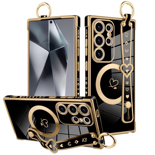 MOWIME Magnetische Schutzhülle für Samsung Galaxy S24 Ultra mit Handschlaufe für Frauen und Mädchen, süßes Liebesherz-Muster, Bling Plating Verstellbares Armband Kickstand Stoßfeste Schutzhülle MOWIME Magnetische Schutzhülle für Samsung Galaxy S24 Ultra mit Handschlaufe für Frauen und Mädchen, süßes Liebesherz-Muster, Bling Plating Verstellbares Armband Kickstand Stoßfeste Schutzhülle von MOWIME