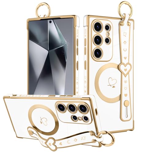 MOWIME Magnetische Schutzhülle für Samsung Galaxy S24 Ultra mit Handschlaufe für Frauen und Mädchen, süßes Liebesherz-Muster, Bling Plating Verstellbares Armband Kickstand Stoßfeste Schutzhülle - Weiß von MOWIME