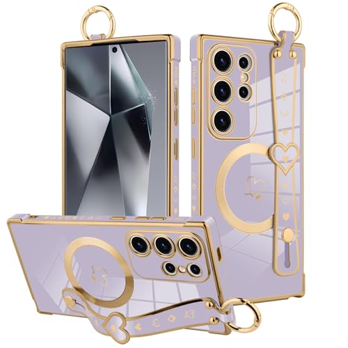 MOWIME Magnetische Schutzhülle für Samsung Galaxy S24 Ultra mit Handschlaufe für Frauen und Mädchen, süßes Liebesherz-Muster, Bling Plating Verstellbares Armband Kickstand Stoßfeste Schutzhülle - Lila MOWIME Magnetische Schutzhülle für Samsung Galaxy S24 Ultra mit Handschlaufe für Frauen und Mädchen, süßes Liebesherz-Muster, Bling Plating Verstellbares Armband Kickstand Stoßfeste Schutzhülle - Lila von MOWIME