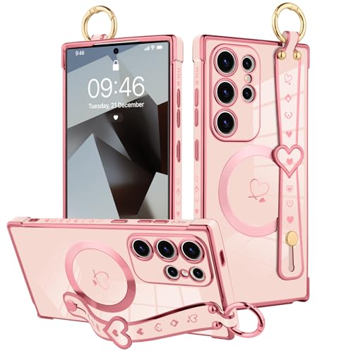 MOWIME Magnetische Schutzhülle für Samsung Galaxy S25 Ultra, mit Handschlaufe, für Frauen und Mädchen, niedliches Liebesherz-Muster, Bling Plating verstellbares Armband, Ständer, stoßfeste Schutzhülle MOWIME Magnetische Schutzhülle für Samsung Galaxy S25 Ultra, mit Handschlaufe, für Frauen und Mädchen, niedliches Liebesherz-Muster, Bling Plating verstellbares Armband, Ständer, stoßfeste Schutzhülle von MOWIME