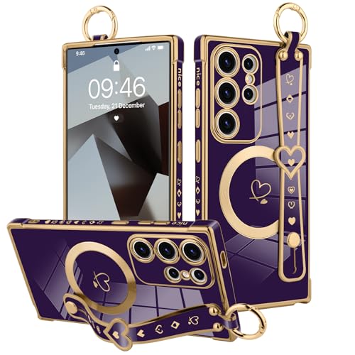 MOWIME Magnetische Schutzhülle für Samsung Galaxy S25 Ultra, mit Handschlaufe, für Frauen und Mädchen, niedliches Liebesherz-Muster, Bling Plating verstellbares Armband, Ständer, stoßfeste Schutzhülle MOWIME Magnetische Schutzhülle für Samsung Galaxy S25 Ultra, mit Handschlaufe, für Frauen und Mädchen, niedliches Liebesherz-Muster, Bling Plating verstellbares Armband, Ständer, stoßfeste Schutzhülle von MOWIME