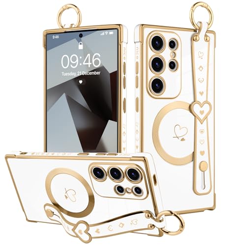 MOWIME Magnetische Schutzhülle für Samsung Galaxy S25 Ultra, mit Handschlaufe, für Frauen und Mädchen, niedliches Liebesherz-Muster, glitzernd, verstellbares Armband, Ständer, stoßfeste Schutzhülle von MOWIME