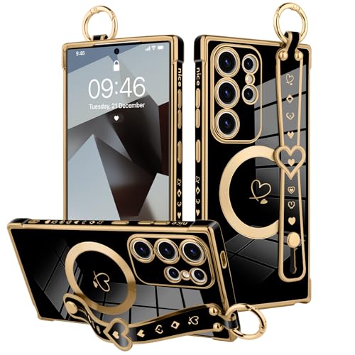 MOWIME Magnetische Schutzhülle für Samsung Galaxy S25 Ultra mit Handschlaufe für Frauen und Mädchen, süßes Liebesherz-Muster, Bling Plating verstellbares Armband Kickstand stoßfeste Schutzhülle MOWIME Magnetische Schutzhülle für Samsung Galaxy S25 Ultra mit Handschlaufe für Frauen und Mädchen, süßes Liebesherz-Muster, Bling Plating verstellbares Armband Kickstand stoßfeste Schutzhülle von MOWIME