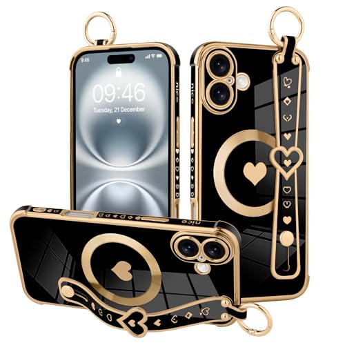 MOWIME Magnetische Schutzhülle für iPhone 16 Plus, mit Handschlaufe, niedliches Liebesherzmuster für Frauen und Mädchen, weiche Beschichtung, kratzfest, Schutzhülle mit Ständer, Ständer, Schwarz von MOWIME