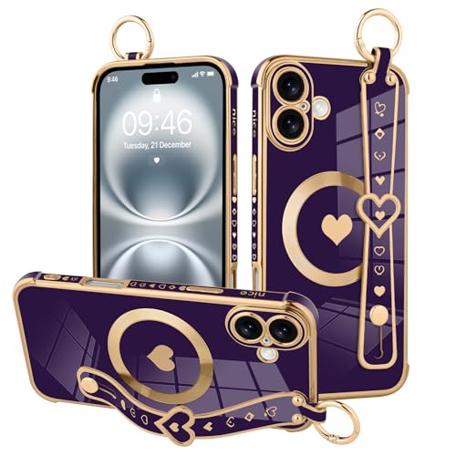 MOWIME Magnetische Schutzhülle für iPhone 16 Plus mit Handschlaufe, süßes Liebesherzmuster für Frauen und Mädchen, weiche Beschichtung, kratzfest, Schutzhülle mit Ständer, Ständer, Dunkelviolett von MOWIME