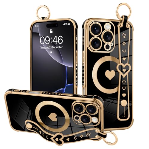 MOWIME Magnetische Schutzhülle für iPhone 16 Pro Max mit Handschlaufe, niedliches Liebesherzmuster für Frauen und Mädchen, weiche Beschichtung, kratzfest, Schutzhülle mit Ständer, Ständer, Schwarz von MOWIME