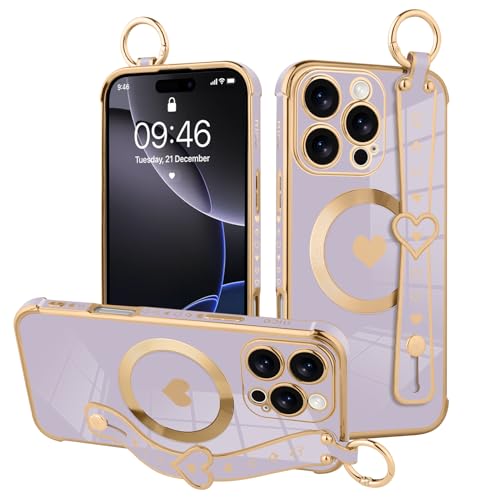 MOWIME Magnetische Schutzhülle für iPhone 16 Pro Max mit Handschlaufe, niedliches Liebesherzmuster für Frauen und Mädchen, weiche Beschichtung, kratzfest, Schutzhülle mit Ständer, Ständer, Lila von MOWIME