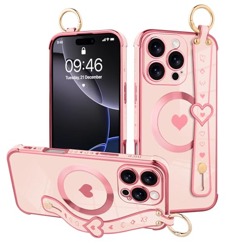 MOWIME Magnetische Schutzhülle für iPhone 16 Pro Max mit Handschlaufe, niedliches Liebesherzmuster für Frauen und Mädchen, weiche Beschichtung, kratzfest, Schutzhülle mit Ständer, Ständer, Rosa von MOWIME