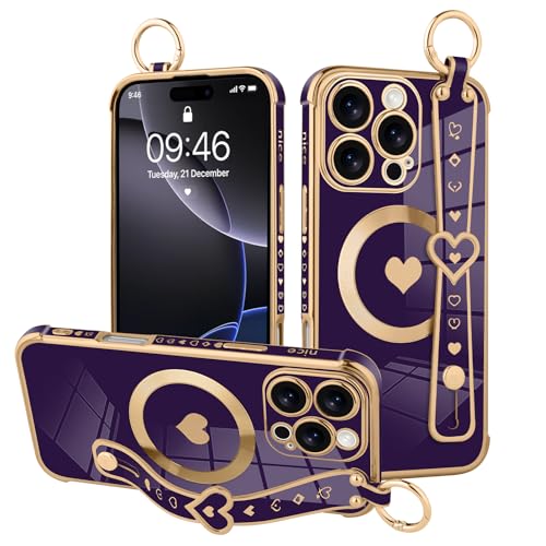 MOWIME Magnetische Schutzhülle für iPhone 16 Pro Max mit Handschlaufe, süßes Liebesherzmuster für Frauen und Mädchen, weiche Beschichtung, kratzfest, Schutzhülle mit Ständer, Ständer, Dunkelviolett von MOWIME
