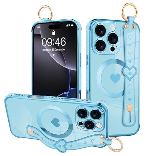 MOWIME Magnetische Schutzhülle für iPhone 16 Pro Max mit Handschlaufe, süßes Liebesherzmuster für Frauen und Mädchen, weiche Beschichtung, kratzfest, Schutzhülle mit Ständer, Ständer, Blau von MOWIME