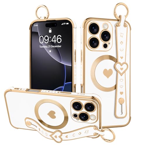 MOWIME Magnetische Schutzhülle für iPhone 16 Pro Max mit Handschlaufe, süßes Liebesherzmuster für Frauen und Mädchen, weiche Beschichtung, kratzfest, Schutzhülle mit Ständer, Ständer, Weiß von MOWIME