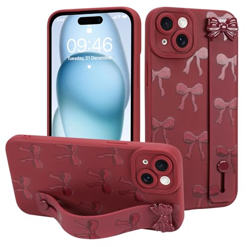 MOWIME Schutzhülle für iPhone 15 mit Handschlaufe, süßes Schleifenmuster, weiche TPU-Schutzhülle für Damen und Mädchen, schlank, kratzfest, stoßfest, mit verstellbarem Ständer, Weinrot MOWIME Schutzhülle für iPhone 15 mit Handschlaufe, süßes Schleifenmuster, weiche TPU-Schutzhülle für Damen und Mädchen, schlank, kratzfest, stoßfest, mit verstellbarem Ständer, Weinrot von MOWIME